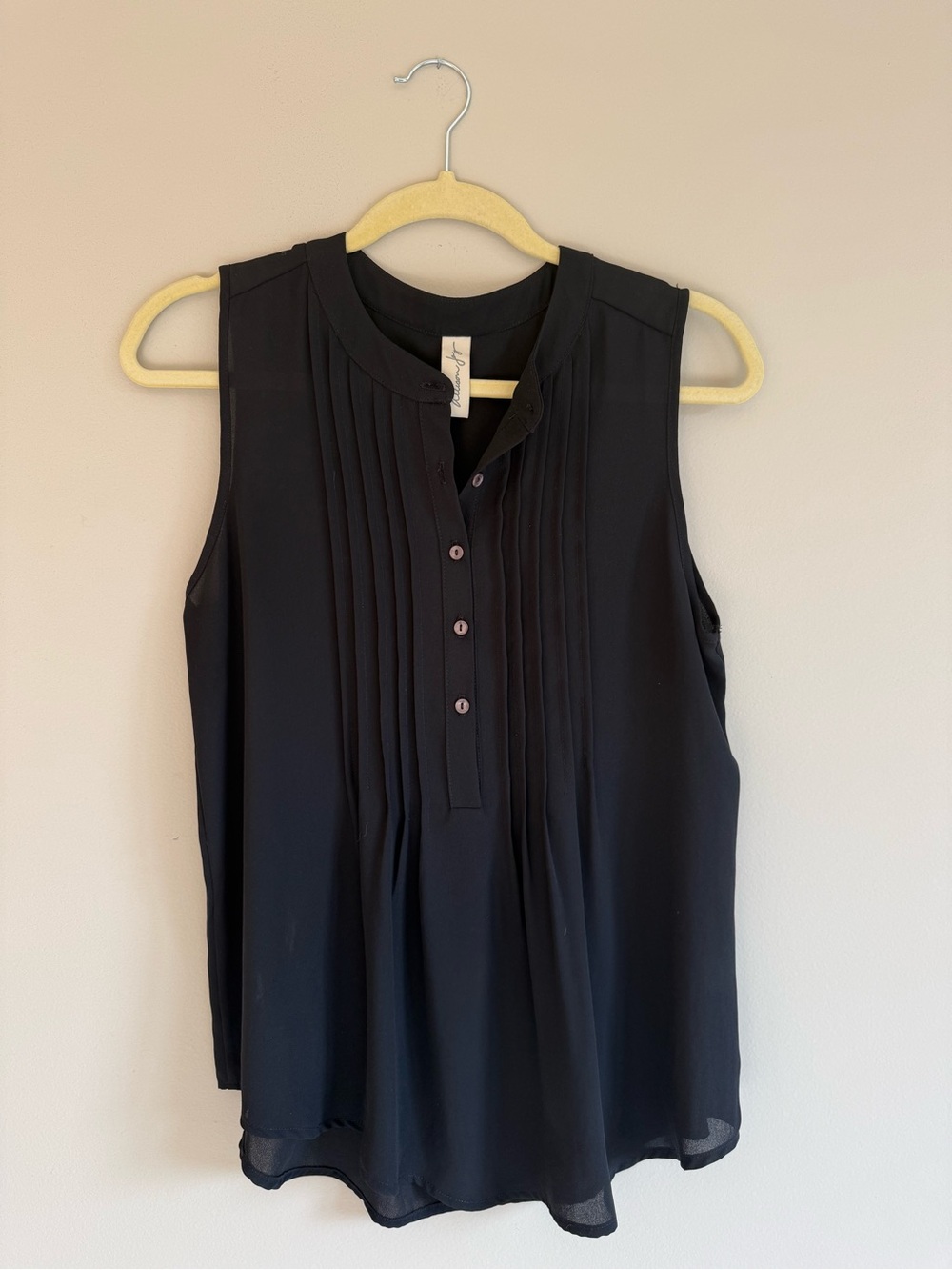Allison Joy Black Sleeveless Pleated Henley Blouse